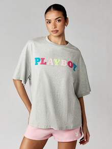 Missguided x Playboy 多色字母印花超大 T 恤棉混纺休闲短袖街头风夏季春季上衣 - 淺灰色 - 查看 4