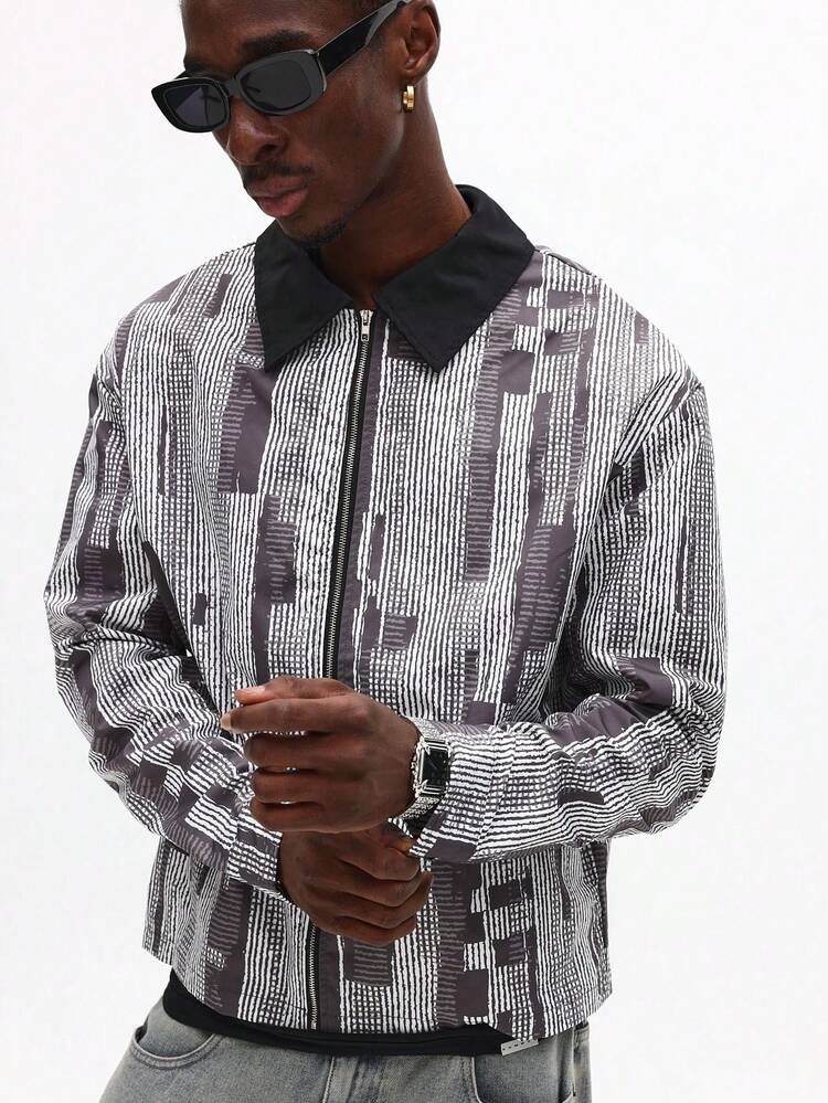 Giacca Harrington con motivo astratto, colletto nero e cerniera