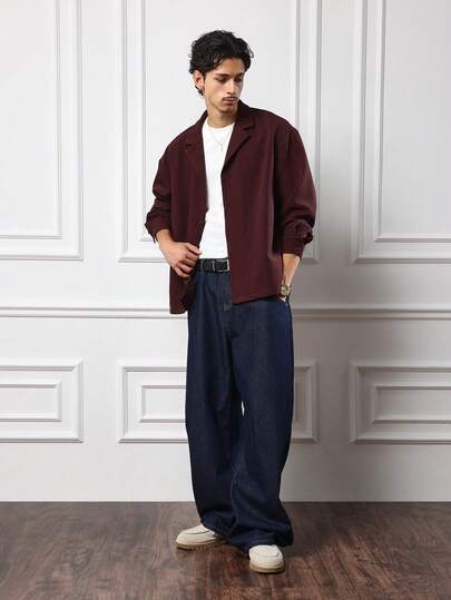  SUMWON Camisa de pana burdeos de manga larga con cuello extendido, corte relajado, estilo universitario clásico, abotonada, camisa informal esencial para otoño e invierno