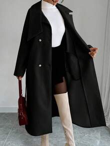 Elenzga 女士纯色双排扣羊毛大衣，时尚通勤，秋冬 - 黑色 - 查看 8