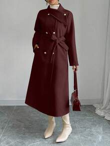Elenzga Women's Solid Color Minimalist Daily Wear Button Decor Long Sleeve Overcoat - Burgundy - View 3