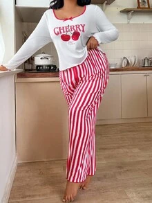 ZzzCrew 大码休闲樱桃条纹印花罗纹针织睡衣套装，舒适樱桃图案睡衣套装，保暖家居服，秋冬服装 - 彩色 - 查看 6
