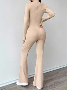 Flirla Black High Neck Fitted Flare Jumpsuit - Khaki - View 2