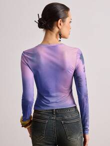 ROMWE Avant New Chinese Style Lotus Flower & Goldfish Calligraphy Text Sheer Blouse For Women - Multicolor - View 3