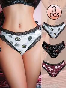 AltCore 3 sztuki/zestaw damskich koronkowych, patchworkowych, wygodnych majtek, odpowiednich na Halloween