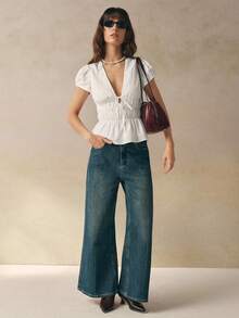 Cévolie Women's Solid Color Deep V Neck Ruched Front Tie Puff Sleeve Sexy Blouse - White - View 5