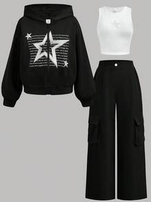 Girlism Teen Girls' Stylish Star Pattern Silver & Black Hoodie, Round Neck Tank Top And Cargo Pants Sports Suit - Black and White - View 14