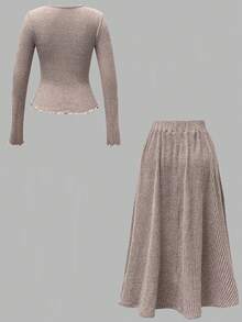 Franclia Women's Elegant French Brushed Ribbed Bodycon Top And A-Line Skirt 2-Piece Set, Autumn/Winter - Khaki - View 2