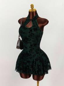 Amplova Retro Mandarin Collar A-Line Dress Dark Green Dress Short Green Dress Halter Neck Dress For Woman Night Club Dress,Party Dresses For Women,Christmas Party Dress - Multicolor - View 1
