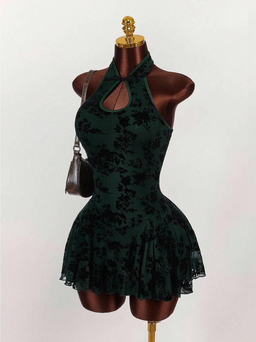 Amplova Retro Mandarin Collar A-Line Dress Dark Green Dress Short Green Dress Halter Neck Dress For Woman Night Club Dress,Party Dresses For Women,Christmas Party Dress - Multicolor - View 1