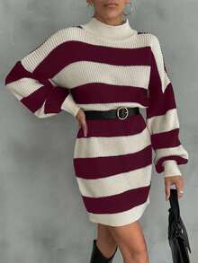 EURMUSE Women Drop Shoulder Sweater Dress With Striped Pattern - Burgundy - View 5