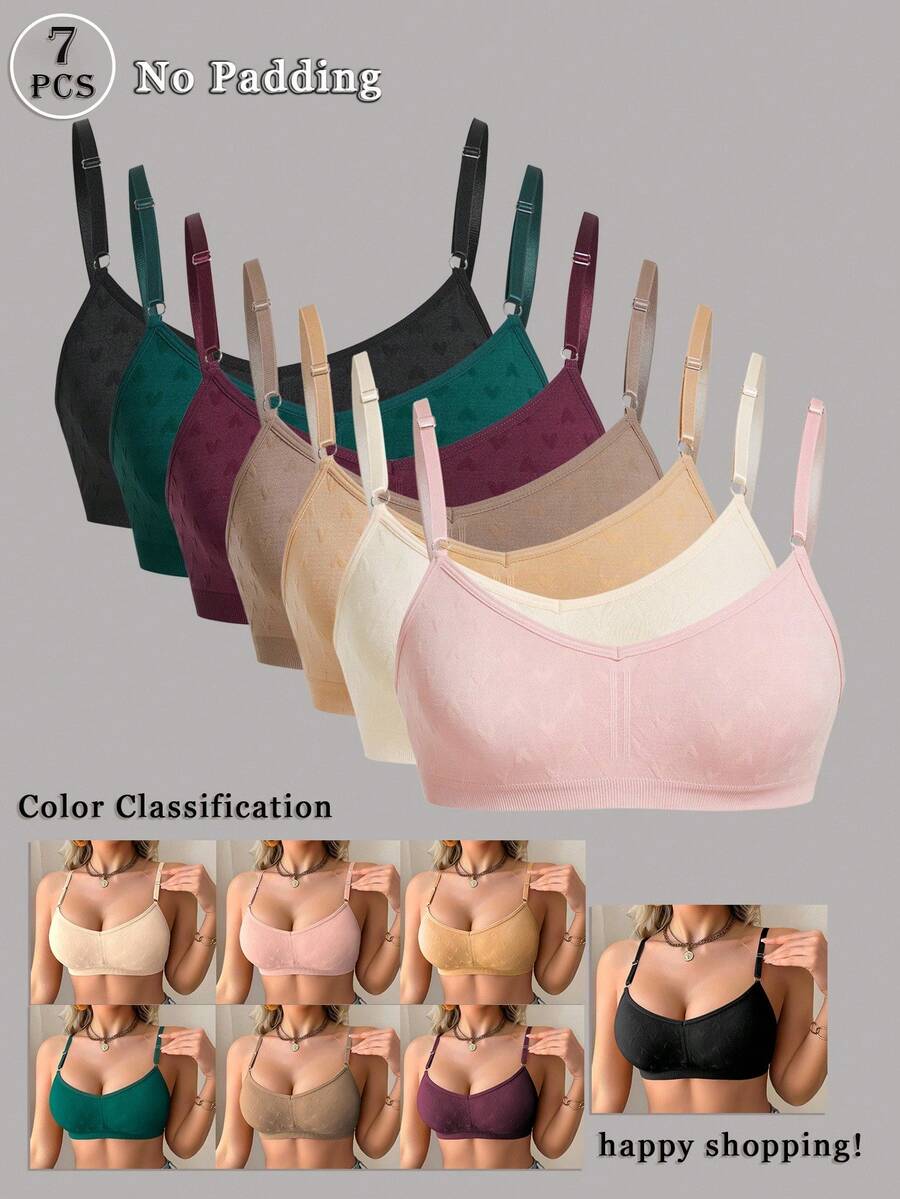 SHEIN 7 件无缝心形胸罩，舒适休闲胸罩，可调节肩带 - 彩色 - 查看 1