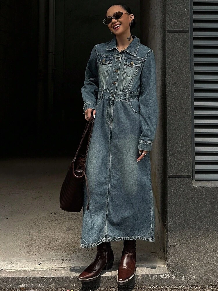 Women's Casual Washed Denim Dress With Pockets, Autumn Maxi Dress