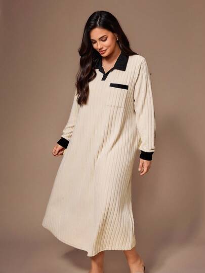 Lazeform 大码女式撞色翻领半开襟口袋柔软抓绒舒适罗纹针织长袖中长连衣裙，休闲宽松睡袍，秋冬居家服，舒适保暖，宽松睡衣