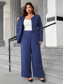 Easura Plus Size Women Striped Long Sleeve Fitted Long Jacket And Wide Leg Pants Casual Suit Set - Navy Blue - View 8