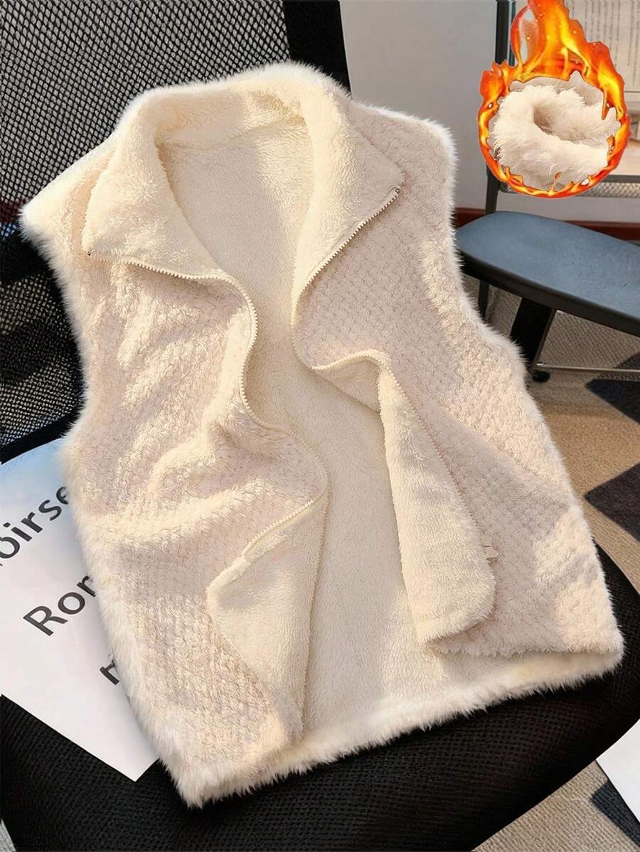 Qadelle Damen umkehrbarer flauschiger Lässig Alltags Pendler Mode Französisch elegant Straße Vintage vielseitig Urlaub Business Apricot ärmellose Jacke Normalgröße Oberbekleidung, Herbst/Winter - Aprikosenfarben - Übersicht 1