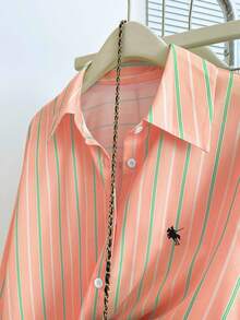 INAWLY 女士时尚休闲条纹印花纽扣长袖衬衫 - 橘色 - 查看 7