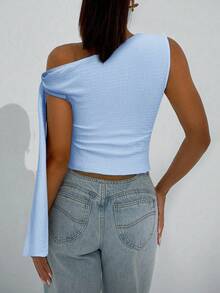 Firerie 女式春季优雅浪漫时尚通勤性感优雅风格，适合派对、度假、浪漫约会和婚礼生日，针织纹理不对称颈带紧身杏色 T 恤 - 淺藍色 - 查看 6