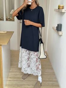 SHEIN LUNE Camiseta holgada de manga corta de cuello redondo y unicolor, y vestido de encaje, de moda para salidas y viajes - Azul y blanco - Ver 5