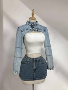 Elamini 女式街头风格长袖牛仔短款上衣 - 藍色 - 查看 3