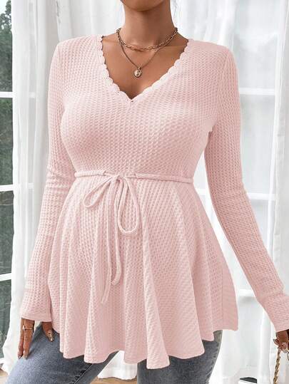 SHEIN Maternity Solid Color Casual Tie Front Long Sleeve T-Shirt Maternity Dress Pink Babyshower Dress Pink Long Sleeve Dress Casual Dress Long Sleeve Summer Dress