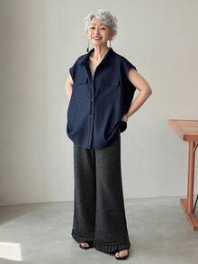 FRIFUL Women's Solid Dark Gray Ribbed Texture Flared Casual Pants, Versatile For Autumn - Dark Grey - View 2