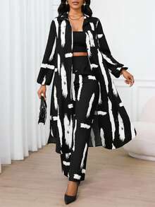 SHEIN Lady Conjunto de 2 piezas de camisa de manga obispo con bolsillo y pantalón, elegante y casual para primavera, verano, otoño e invierno, apto para vacaciones, iglesia, oficina y uso diario - Blanco y Negro - Ver 1