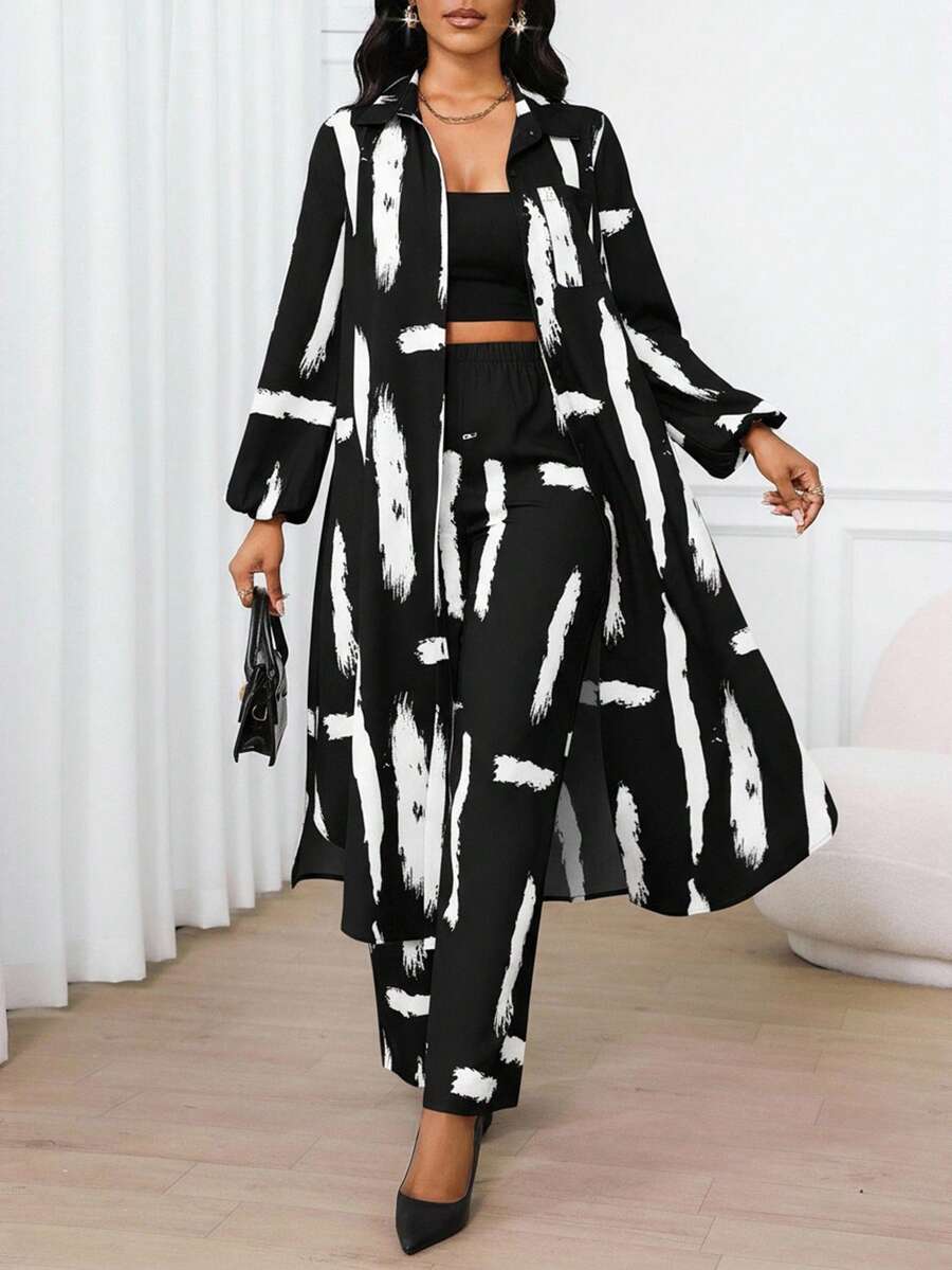 SHEIN Lady Conjunto de 2 piezas de camisa de manga obispo con bolsillo y pantalón, elegante y casual para primavera, verano, otoño e invierno, apto para vacaciones, iglesia, oficina y uso diario - Blanco y Negro - Ver 1