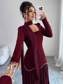 Elenzga Elegant Romantic Pearl Decor Puff Sleeve Square Neck Waist Fitted A-Line Dress For Women - Burgundy - View 6
