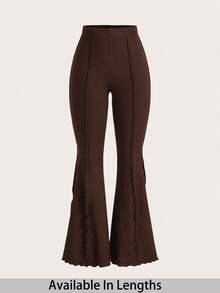SHEIN Tall CURVE 加大码女款生菜边弹力喇叭裤 - 棕色 - 查看 1