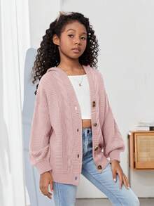 SHEIN Chaqueta de punto con capucha de manga larga y ajuste holgado informal para niñas preadolescentes