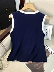 SHEIN Franclia 女士撞色金属扣装饰圆领上衣 - 藏蓝色 - 查看 2