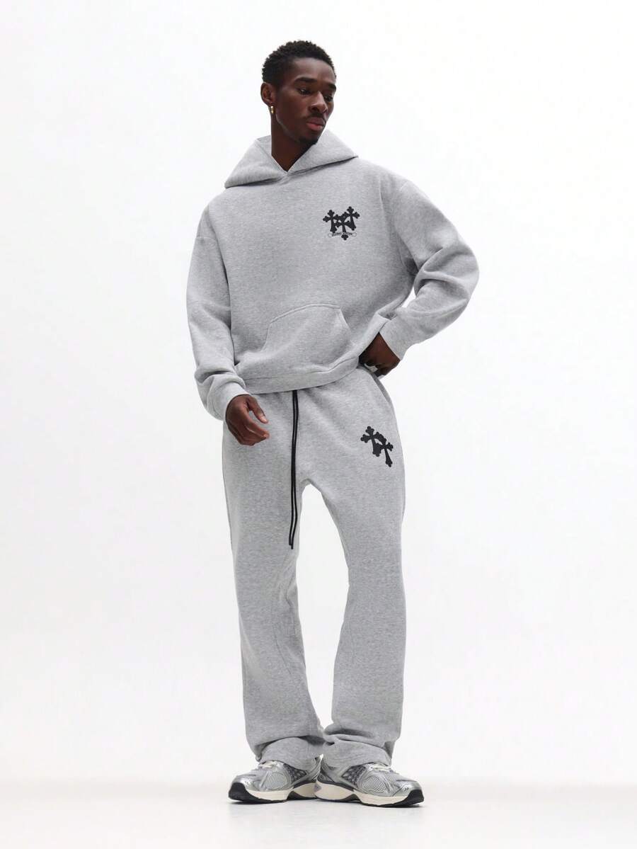 SUMWON Flared Co-Ord Set Drawstring Hoodie With Matching Sweatpants Winter Lounge Casual Streetwear Autumn Fall Season Fashion Two Piece Set College Campus Casual Wear - Grey - View 1