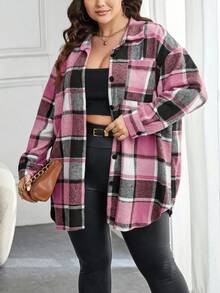 SHEIN Essnce 大码格子前扣落肩长袖休闲宽松百搭衬衫 - 玫紅色 - 查看 1