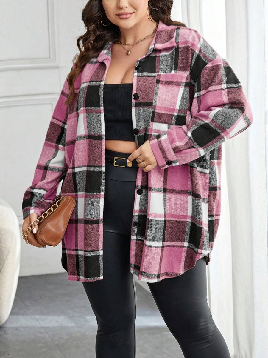 SHEIN Essnce 大码格子前扣落肩长袖休闲宽松百搭衬衫 - 玫紅色 - 查看 1