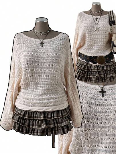 Sunspun 大码女式波西米亚/Y2K 风格镂空纯色喇叭袖长袖针织套头衫，适合度假装，适合所有季节