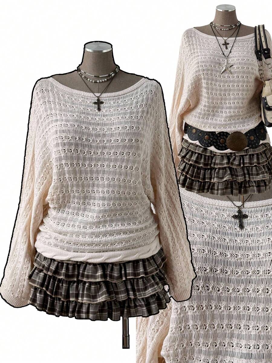 Sunspun Áo len dài tay dáng suông màu trơn khoét lỗ, phong cách Bohemian/Y2K dành cho nữ cỡ lớn, thích hợp cho kỳ nghỉ, phù hợp cho mọi mùa, phong cách Gyaru. - Màu be - Xem 1