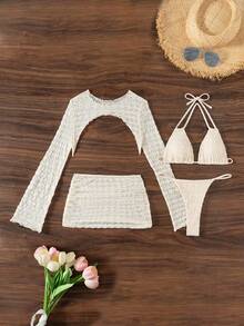 Swim Mod 4 Stücke Damen Strandoutfit Set: Spitze Langarm Neckholder Rückenfreier Bikini-Oberteil, String Bikini-Hose, Langarm Strandkleid, Spitze Mini-Rock - Beige - Übersicht 3