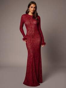 Silquee 蕾丝曲线连衣裙，优雅假日派对、生日、情人节/婚礼宾客礼服/秋季服装/万圣节/返校节/圣诞节/外出/女士生日礼服/女士派对迷你连衣裙，浪漫立领豹纹植绒优雅性感开衩长袖紧身连衣裙，适合情人节、圣诞节、约会、外出、夜店派对、聚会等场合，秋冬季浪漫纯红色、酒红色、波尔多红、动物纹植绒，优雅性感鱼尾毛拼接长袖 - 酒紅色 - 查看 3