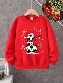 Sudadera de cuello redondo con estampado gráfico de fútbol y muñeco de nieve navideño para niños preadolescentes. Diseño de dibujos animados lindo, cómodo y cálido, adecuado para fiestas de Navidad y salidas, otoño/invierno