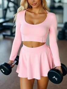 Innovista Women's Sporty Tennis & Ballet Set, Crop Top With Long Sleeves, Athletic Skirt & Built-In Shorts, Pocket Detail, Breathable Stretchy Workout Outfit, Essential Activewear For Running, Biking, Gym, Office To Court, Brunch To Gym, Fall Tenniscore, Pink Athleisure Suit, Comfortable & Versatile Fall Winter Striped Design, Utilitarian Chic - Dusty Pink - View 5