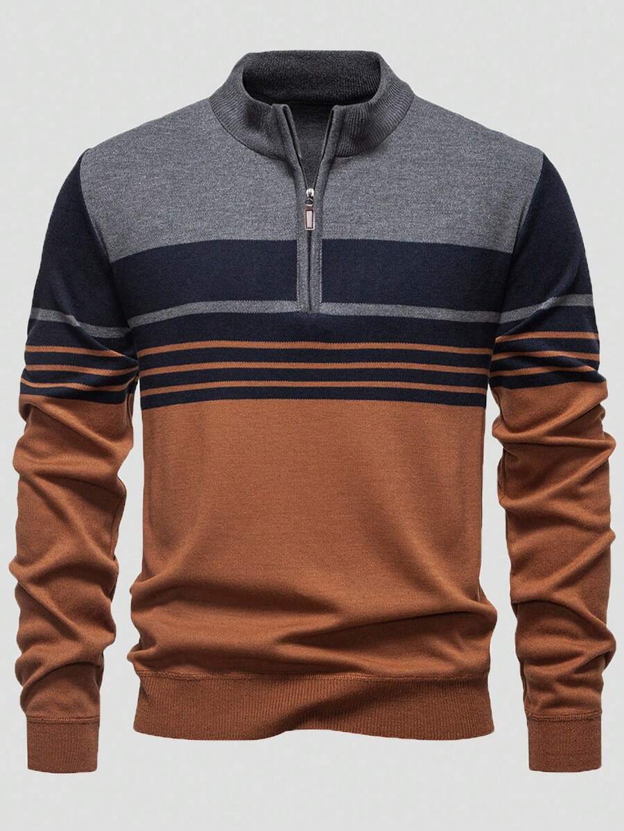 Manfinity Mode Men's Striped Long Sleeve Zip-Up Casual Sweater, Autumn - Rust Brown - View 1