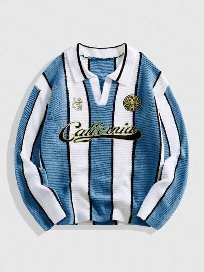 Street Life Men's Preppy Retro Football Inspired Collared Knit Sweater, Streetwear Style, Fall/Winter