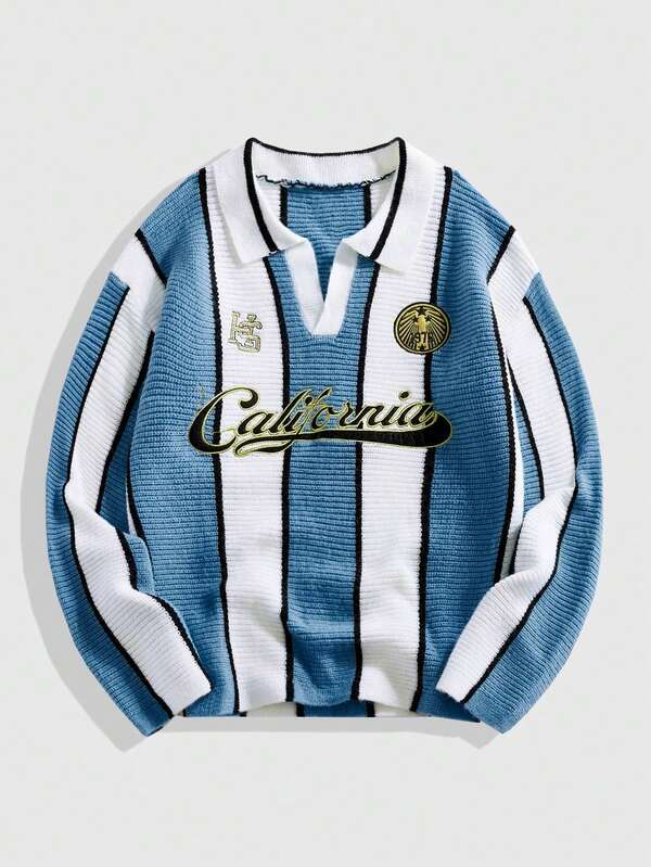 ROMWE MEN Street Life Men's Retro Football Inspired Collared Knit Sweater, Streetwear Style, Fall/Winter