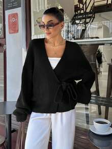 EURMUSE Women's Lace-Up Casual Cardigan, Plus Size - Black - View 5