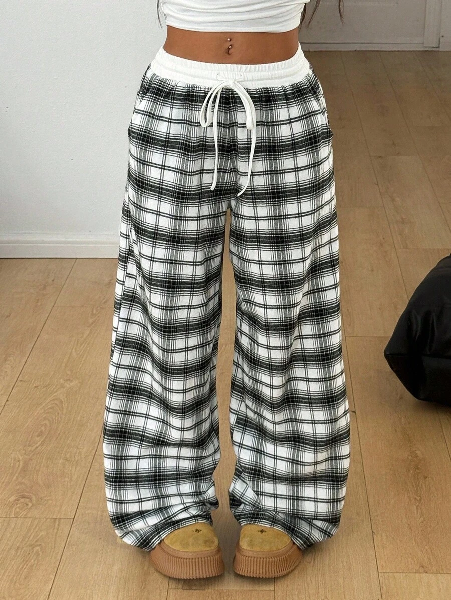 Coolane Women's Fall Casual Daily Wear Basic Loose Checked Plaid Patchwork Wide Leg Pants