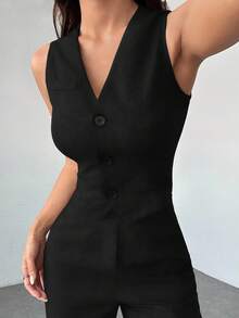 SHEIN PETITE 秋冬季休闲无袖开襟马甲长裤两件套，商务休闲女装