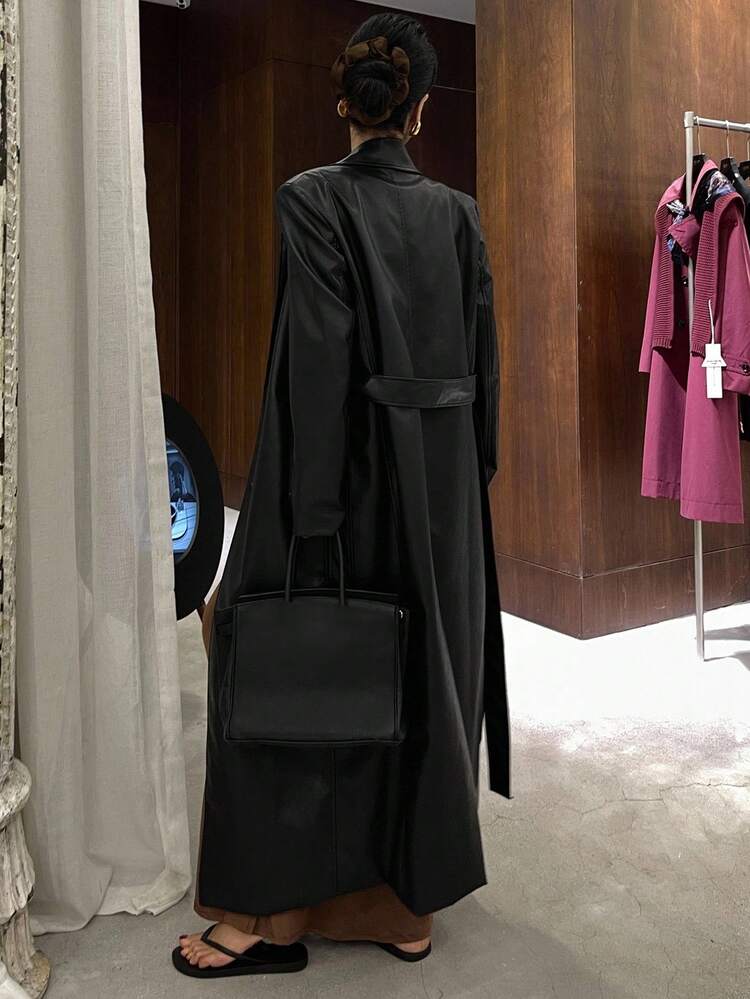 Vintage Lapel Single-Breasted Long Sleeve Leather Jacket Women, High Waist Belted Cardigan Windbreaker,Fall Women Clothes Black Leather Trench Coat