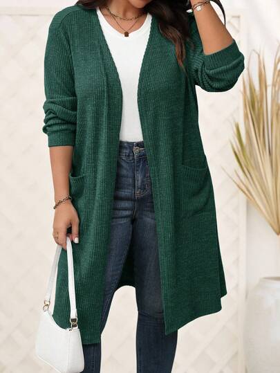 EMERY ROSE Plus Size Solid Color Pocket V-Neck Casual Versatile Long Sleeve Jacket Plus Size Cardigan Green Cardigan Women Green Outfits For Women Curve Cardigan Duster Cardigan Autumn Winter Clothes For Women