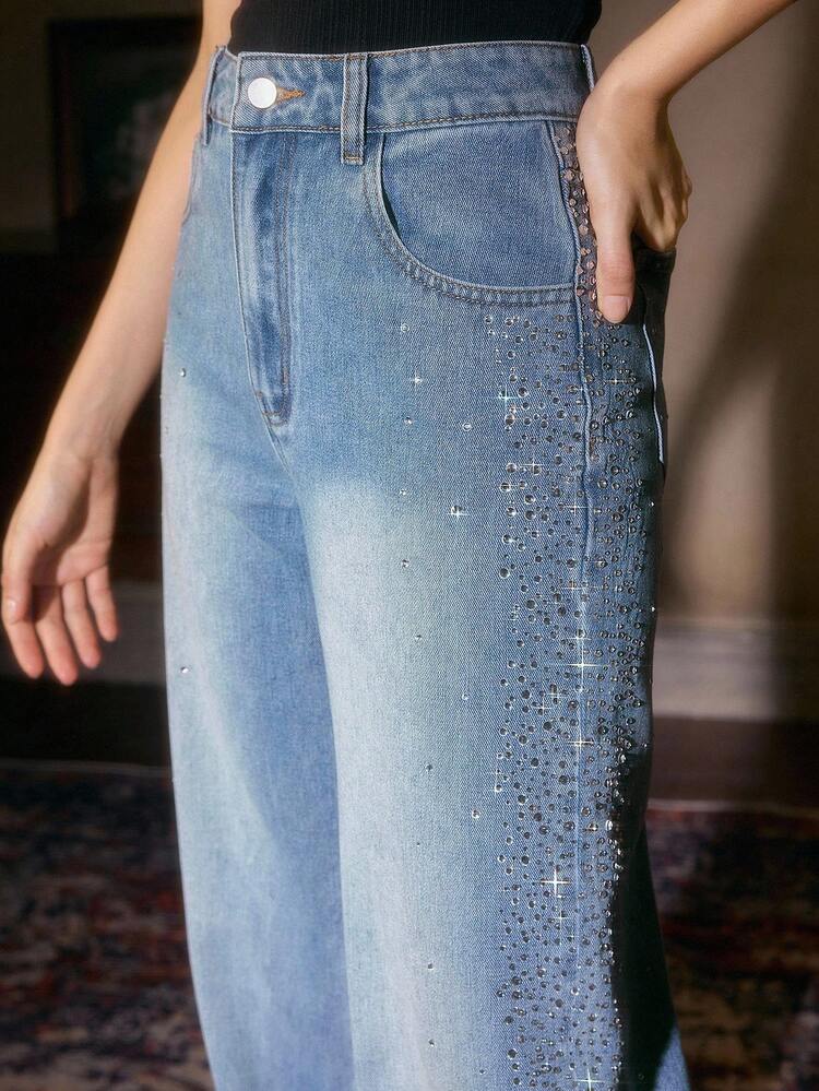 Women's Rhinestone Embellished Blue Straight Leg Pants, Suitable For Christmas, Halloween, Dates, Autumn/Winter